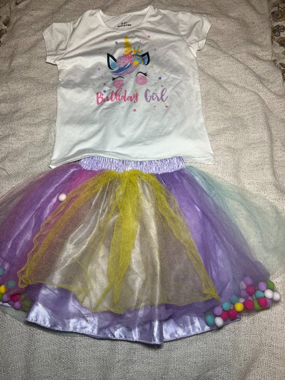 Girls Unicorn "Birthday Girl" Pom-Pom Tutu Skirt Set